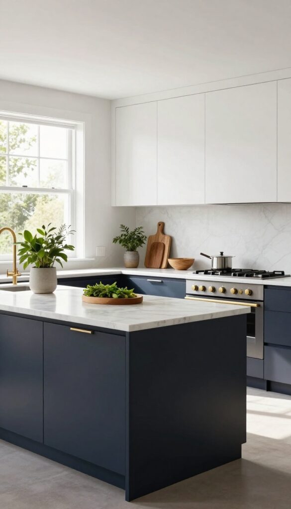 Modern kitchen with two-tone white upper cabinets and navy lower cabinets, marble island, brass hardware, natural light