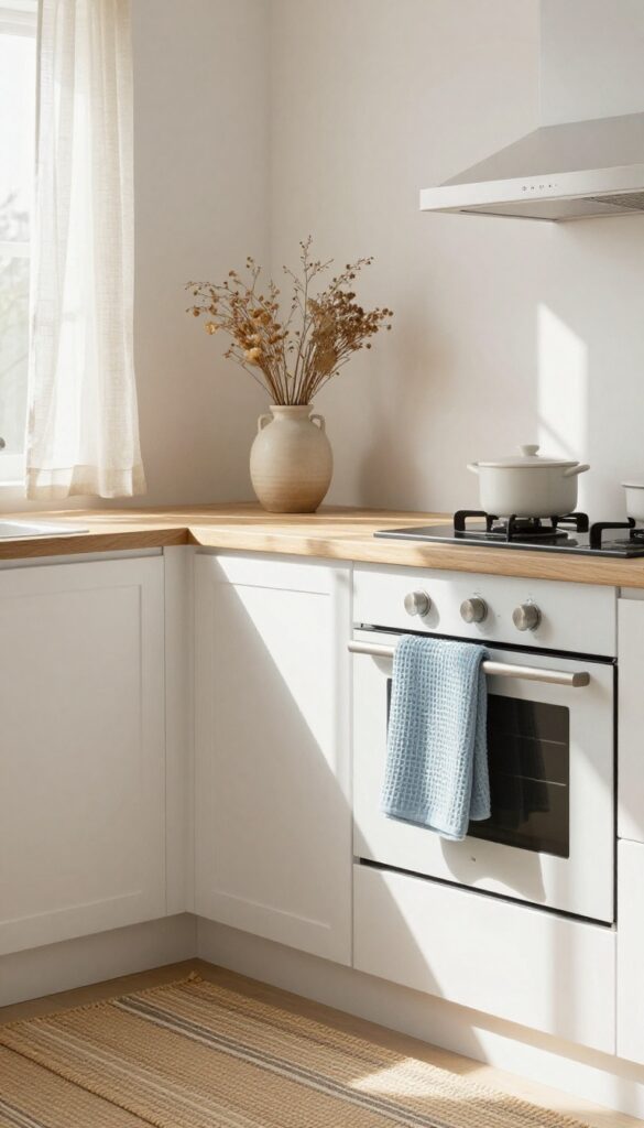 A cozy kitchen with layered textiles: a curtain at the window, a runner on the counter, and a towel draped over the oven handle.