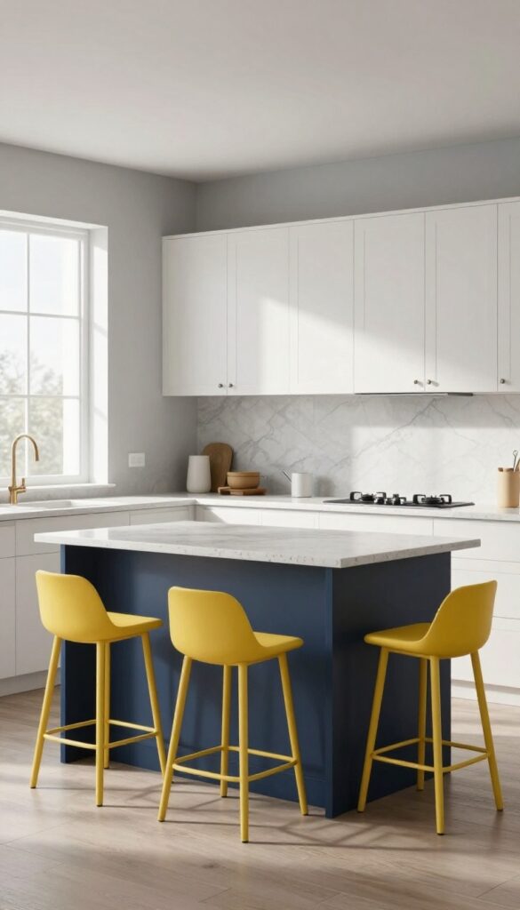 Monochromatic kitchen with gray walls and cabinets, navy blue island, and yellow bar stools.