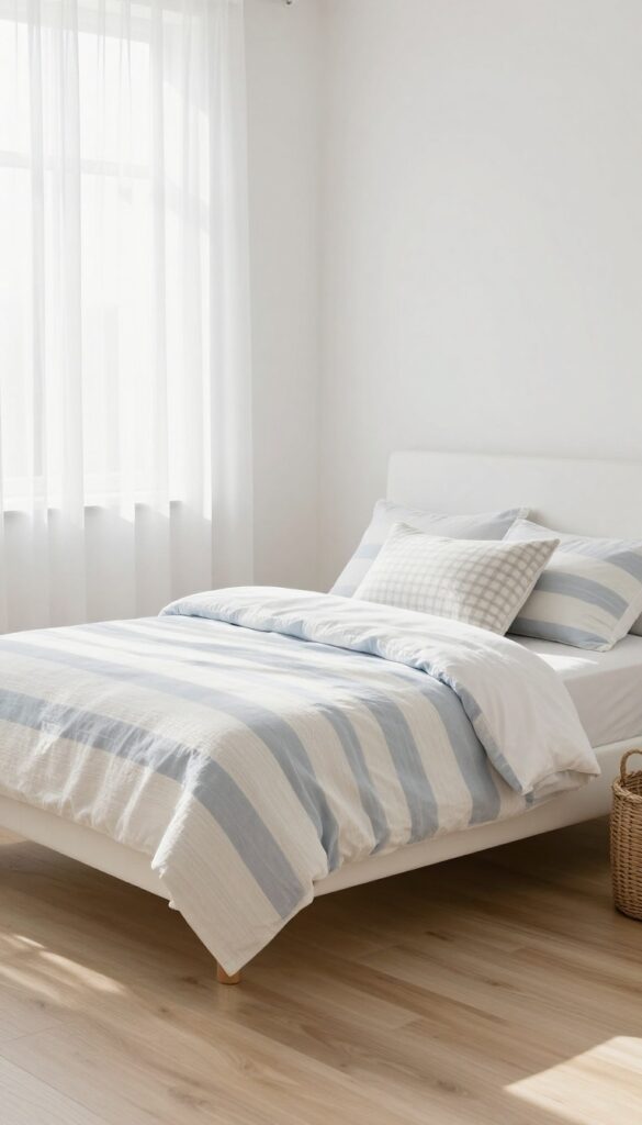 Bedroom with subtle striped bedding and check pillow in soft blue and white, calm and uncluttered.