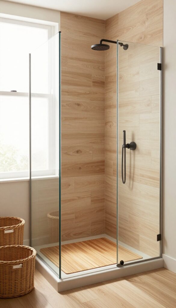 Walk-in shower with warm wood elements including wood-look tiles and teak mat, showcasing a custom and spacious design with natural light and minimalist decor.