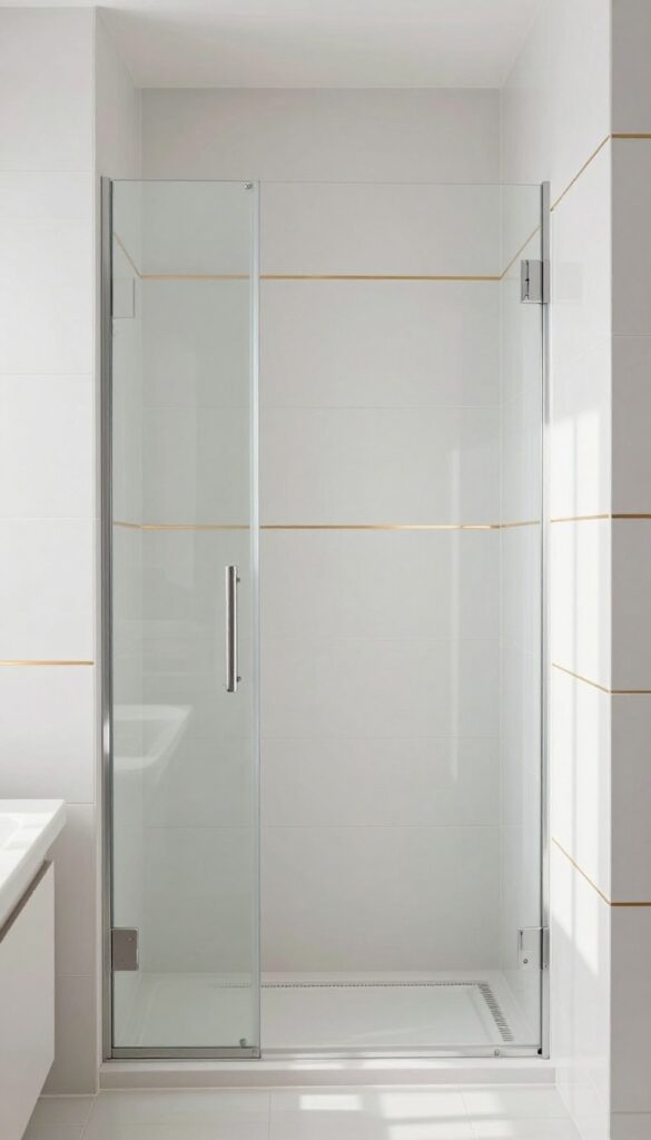A bathroom shower with white or gray matte tiles and metallic gold or copper accents as a subtle stripe or border, adding elegant glamour under bright natural light.