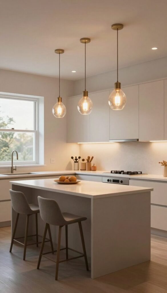 Modern kitchen with layered lighting featuring pendant lights over island, under-cabinet task lighting, and dimmable recessed lights, creating a warm and adaptable atmosphere.