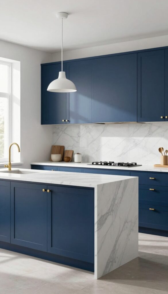 Navy and white marble kitchen with brass hardware and pendant light