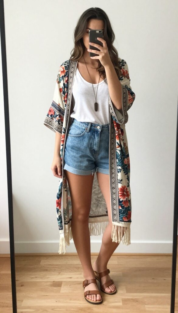 Woman taking a mirror selfie wearing a floral fringe kimono over a white tank top and denim shorts with flat sandals and a long pendant necklace.