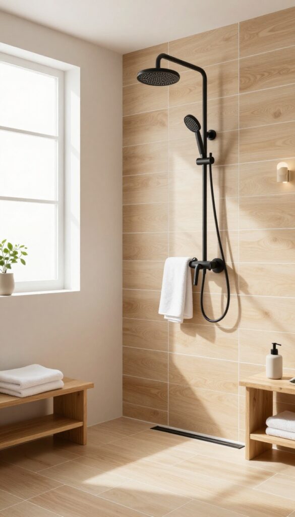 A bright and airy shower with light oak wood tiles and white grout in a Scandinavian-inspired bathroom design.