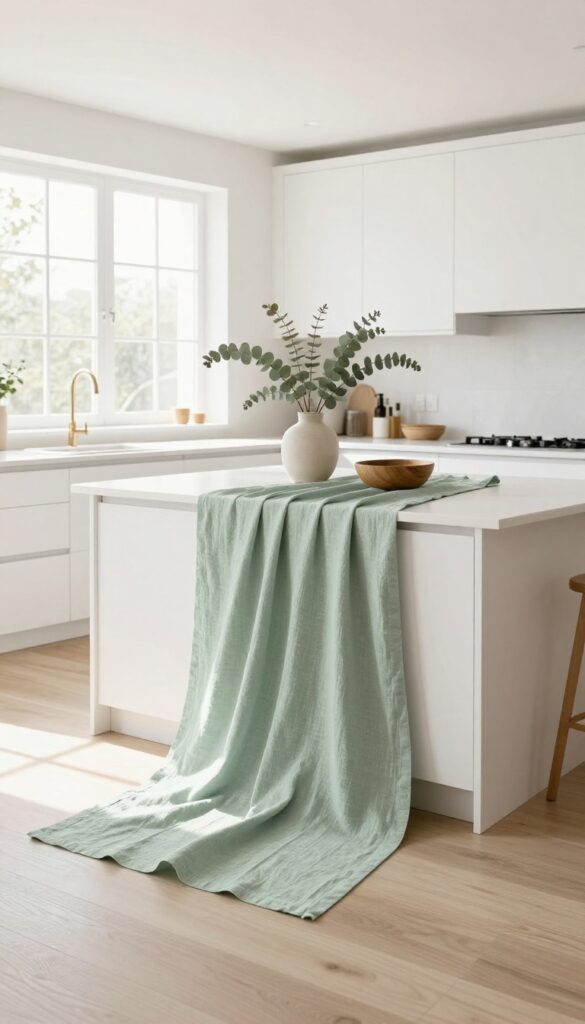 Kitchen island with pale sage linen runner and ceramic vase of dried eucalyptus