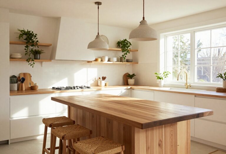 Cozy kitchen island with butcher block top and woven stools under warm pendant lights