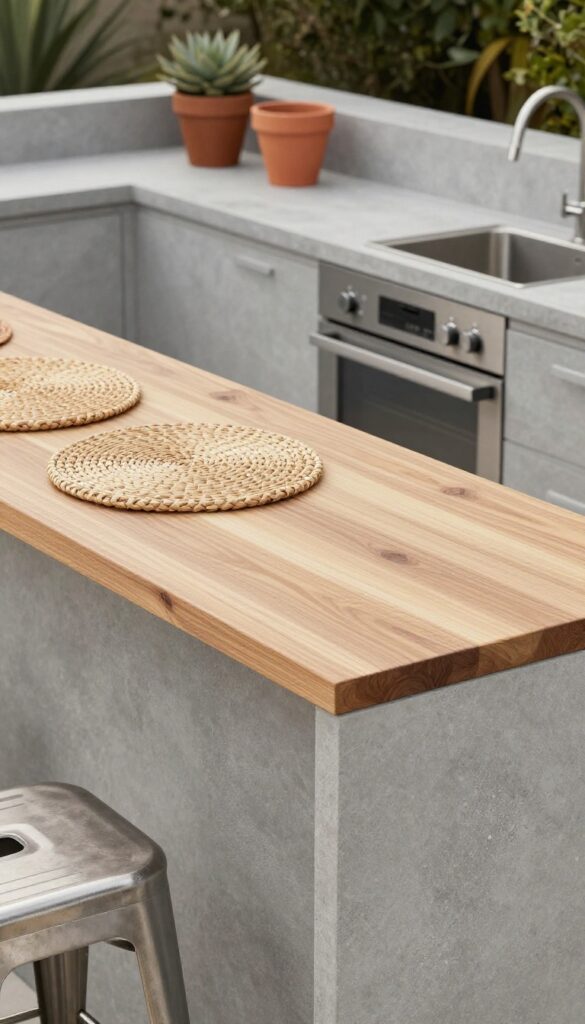 Modern backyard kitchen with minimalist concrete countertops, wood accents, and stainless steel stools in bright natural light.