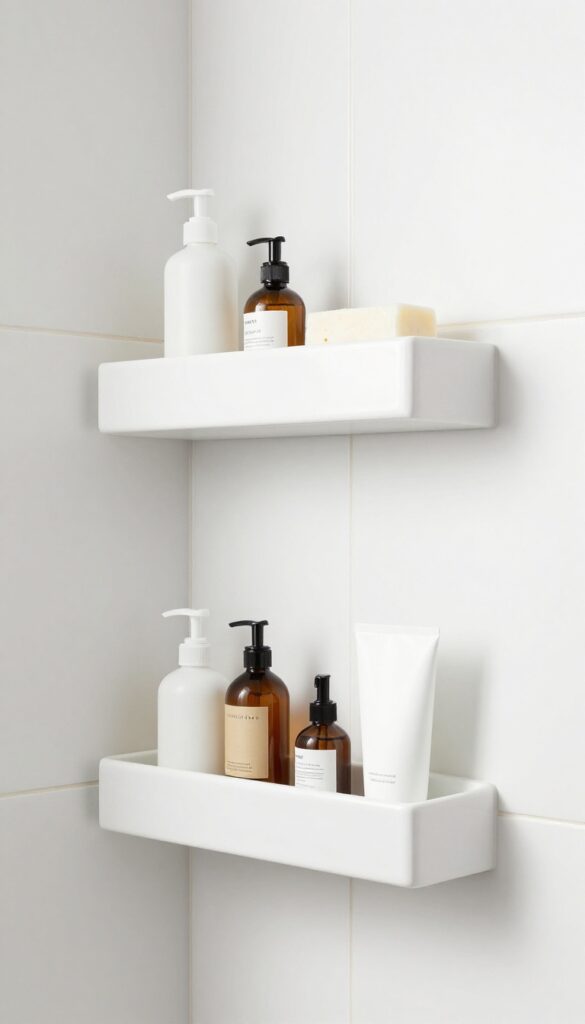 Multi-level shower niche with organized products in a tidy bathroom setting.