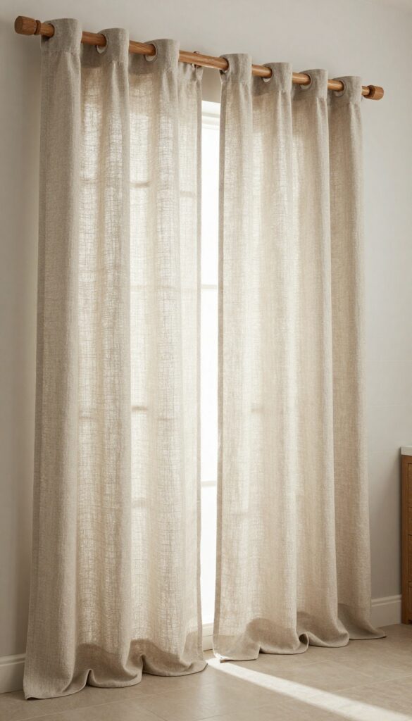 Textured linen curtains in a bathroom shower area providing soft separation with natural light filtering through, featuring wooden accents and neutral tiles in a rustic bohemian style.