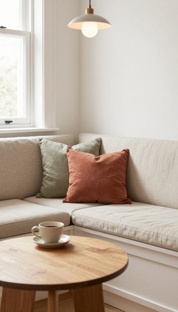 Cozy breakfast nook with built-in bench, linen pillows, and pendant light in bright kitchen
