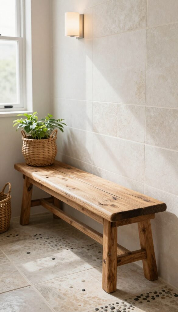 A rustic wooden bench in a shower with stone tiles and pebble flooring, featuring weathered wood grains and warm tones under natural light, creating a cozy, cabin-like ambiance for bathroom decor.