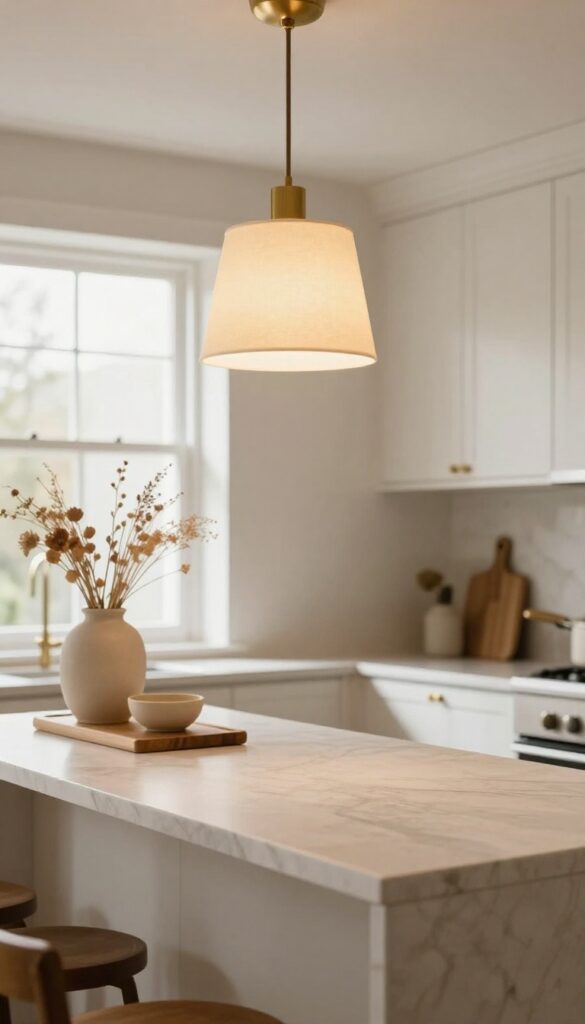 A warm kitchen pass through with a brass pendant light and soft fabric shade over the counter