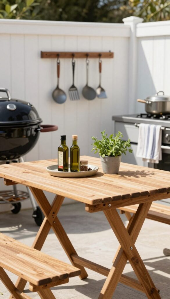 Fold-down table attached to fence with prep items and grill nearby