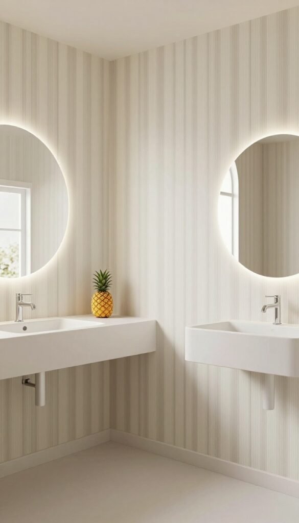 A small bathroom with vertical stripe wallpaper in cream and taupe colors, featuring minimal decor and natural light to visually extend the ceiling height.