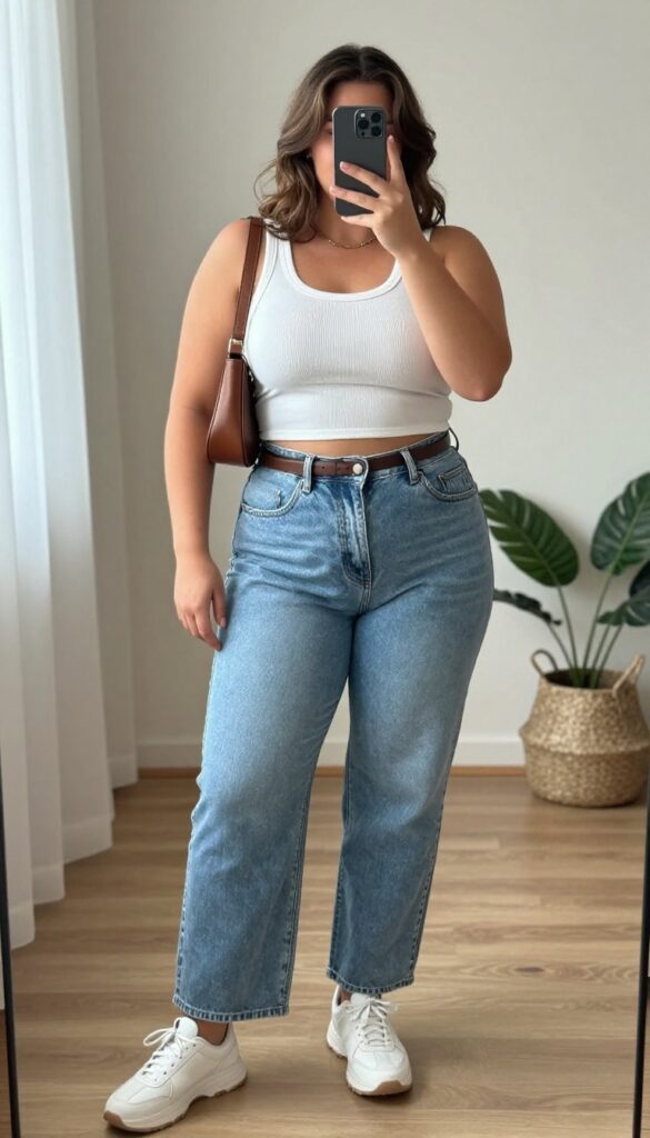 Plus-size woman taking a mirror selfie wearing high-waisted straight-leg jeans and a cropped white tank top with sneakers and a shoulder bag.