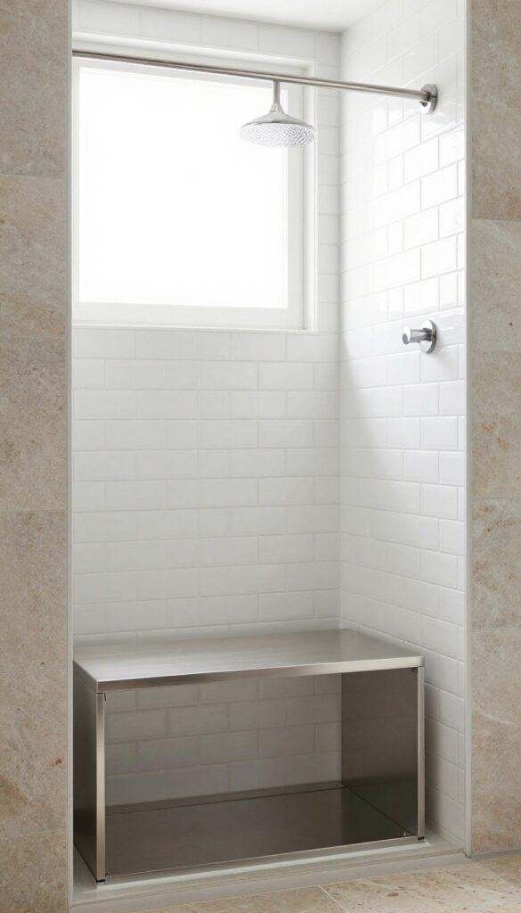 A modern bathroom shower featuring a fold-down bench in brushed nickel, closed against textured white tiles and natural stone, bathed in bright natural light for a clean and luxurious look.