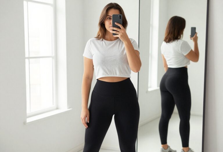 Plus-size woman in high-waisted leggings and cropped tee taking a mirror selfie in a bright gym, showcasing a confident and comfortable gym outfit.