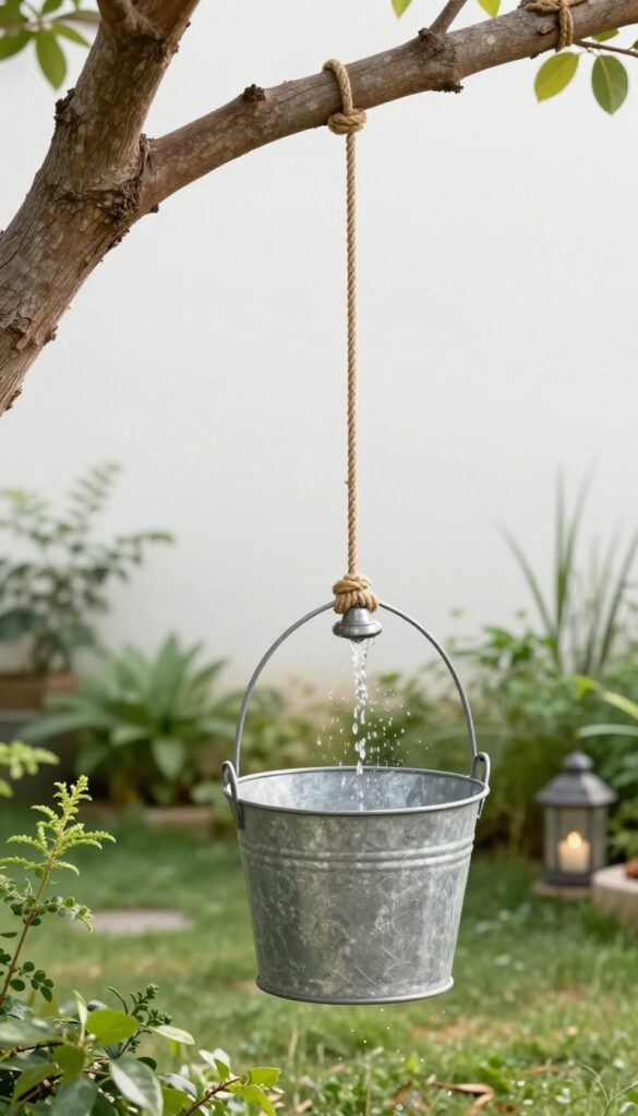 A hanging bucket shower with rope details in an outdoor garden setting, showcasing rustic charm and practicality for DIY home decor inspiration.