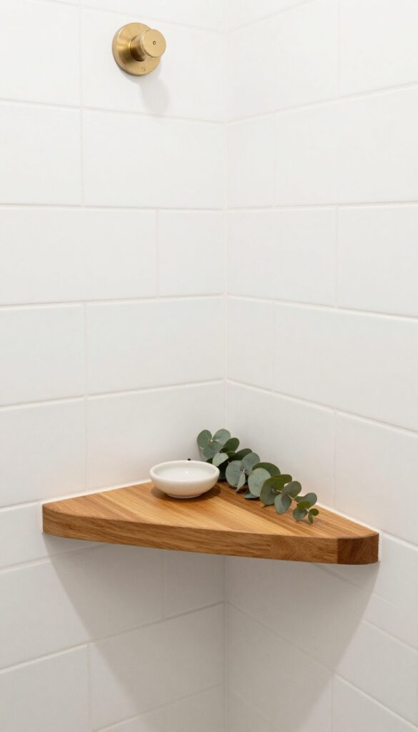 Corner-mounted teak shelf seat in a small shower with white tiles and brushed nickel fixtures