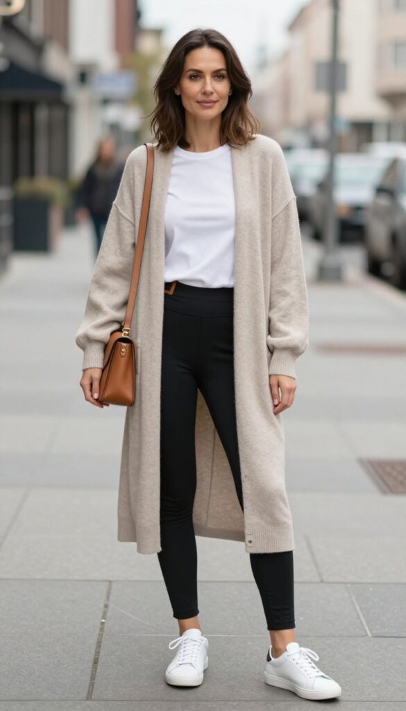 Woman in black leggings, white tee, and long oatmeal cardigan with white sneakers and tan crossbody bag, standing in a bright living room.