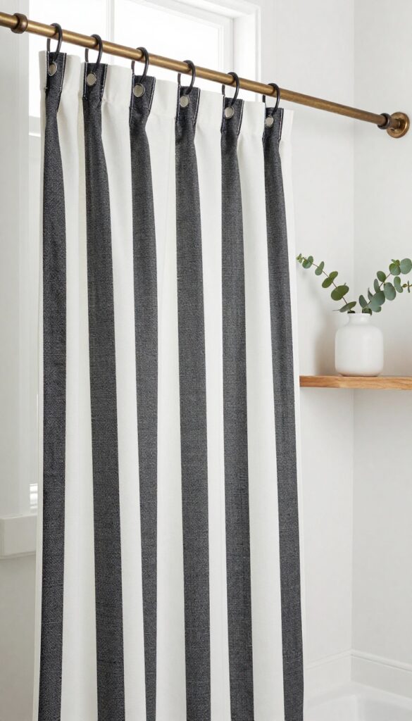 Classic black and white ticking stripe farmhouse shower curtain in a bright bathroom with natural light, wooden shelf, and eucalyptus.