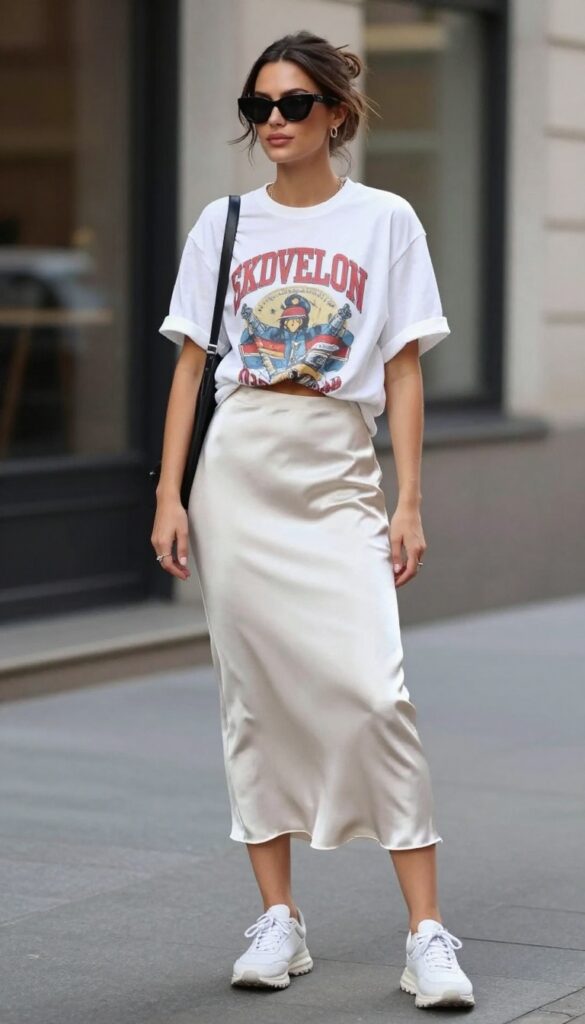 A woman wearing a satin skirt with a graphic tee and sneakers, styled in a casual modern outfit with statement sunglasses and crossbody bag, set in bright natural light for a fashion-blog image.