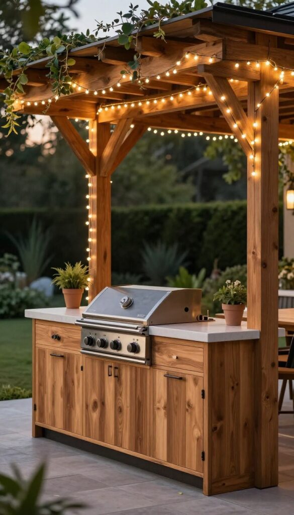 Outdoor kitchen with string lights draped overhead creating a cozy ambiance at dusk