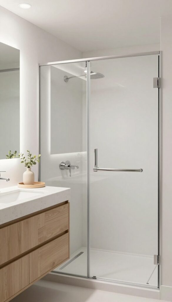 A compact vanity with built-in storage in a small quadrant shower room, showcasing sleek design and practical organization for bathroom essentials.