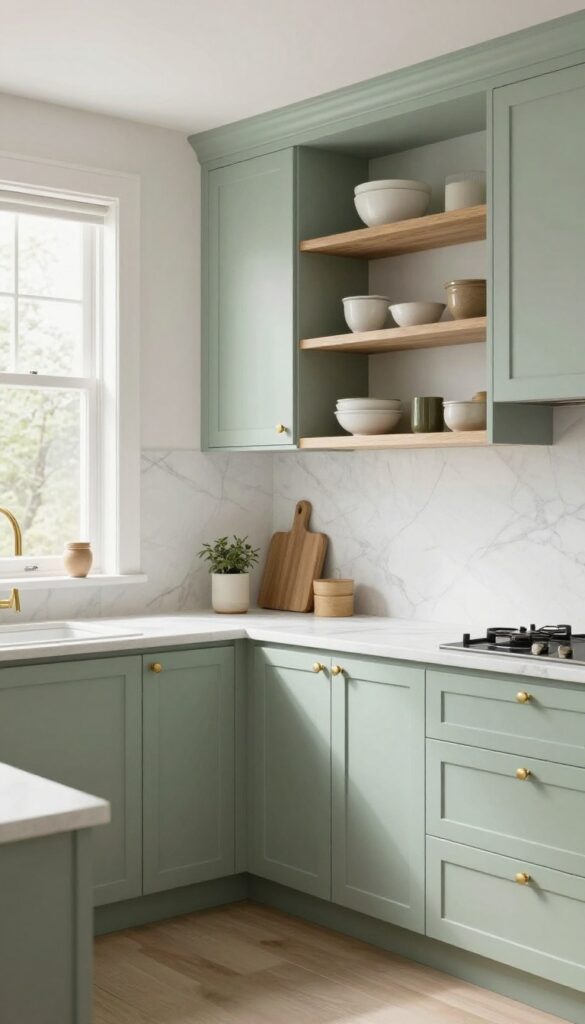 Pale sage green kitchen cabinets with brass hardware and marble backsplash