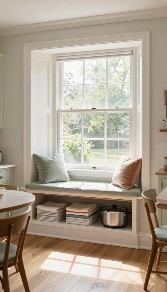 Window bench with cushion storage in a bright eat-in kitchen