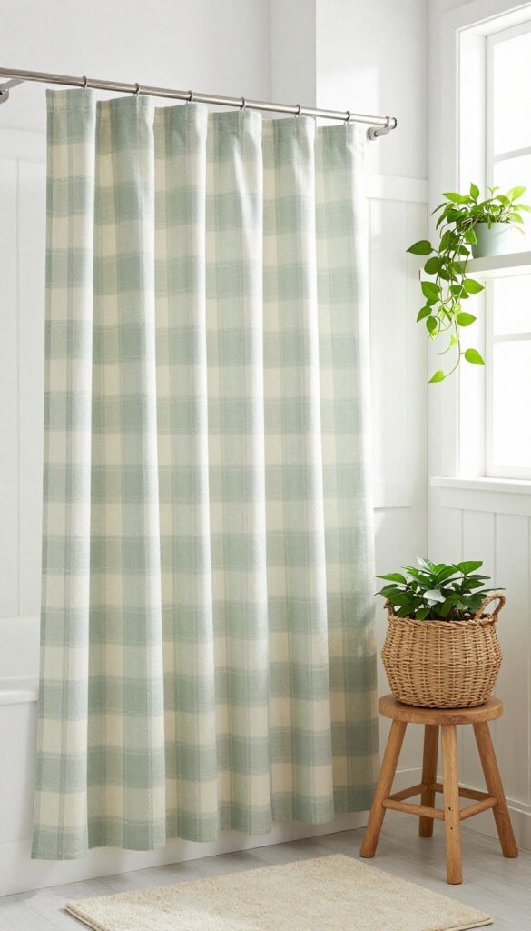 Farmhouse bathroom with muted sage and cream plaid shower curtain, natural light, white wainscoting, wooden stool, woven basket, pothos plants on shelf, cream bath mat.