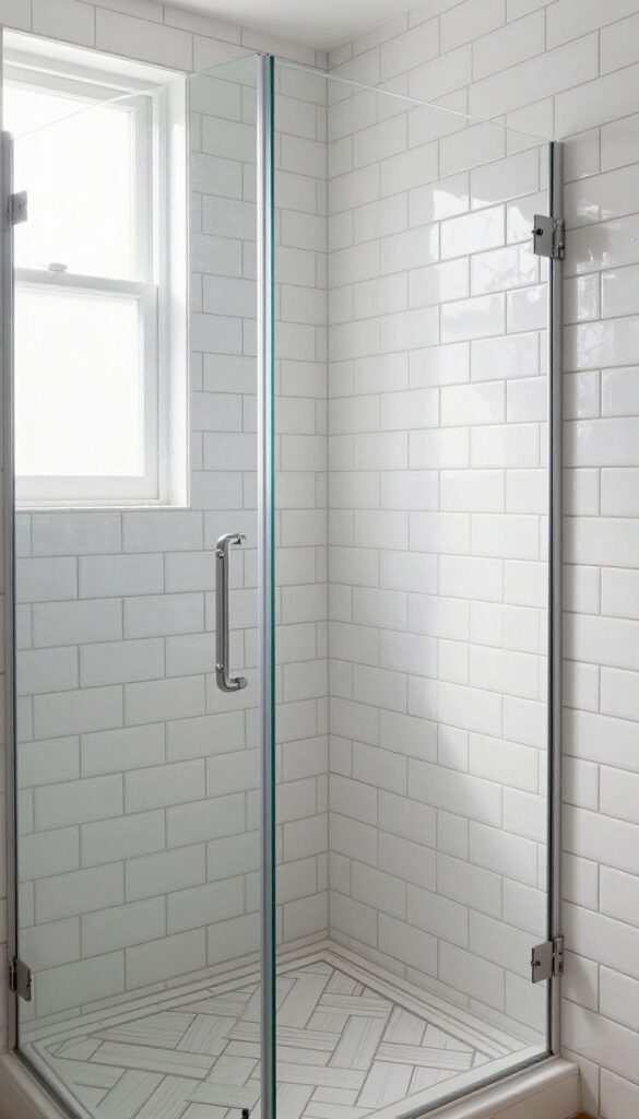 White subway tiles in herringbone pattern as shower backsplash with dark grout, natural light, and minimal fixtures