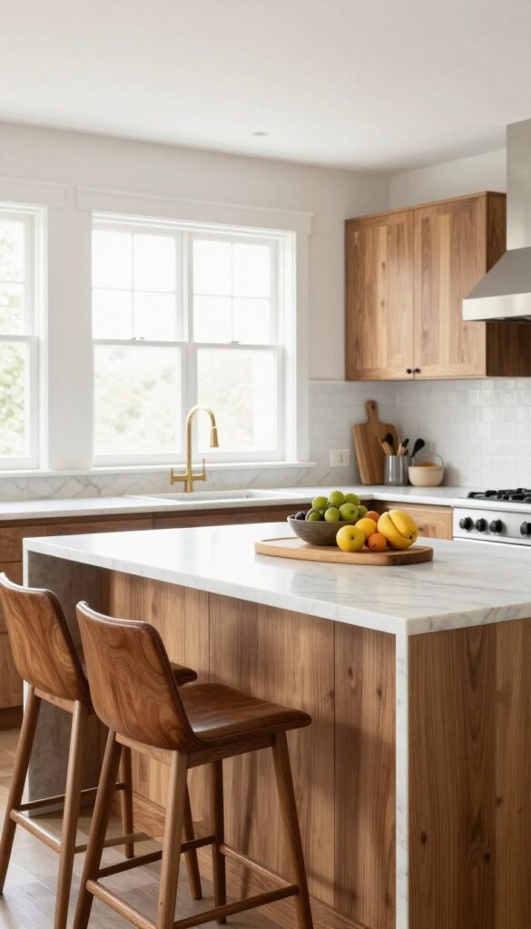 A kitchen island with a warm wood base and white marble countertop, two wooden and leather barstools, and a bowl of fruit, in bright natural light.