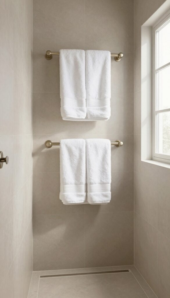 Double shower with recessed towel warmer bar holding white towels