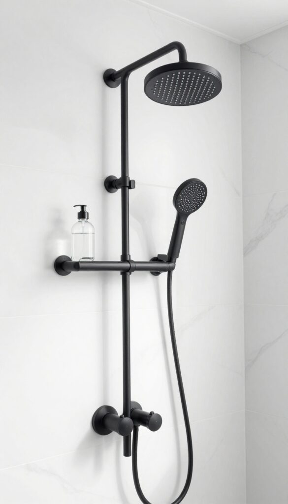Single shower stall with white marble tiles and matte black fixtures