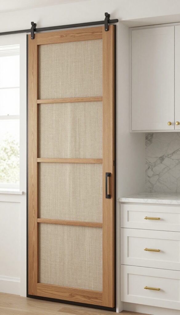A sliding door with a linen fabric insert in a bright farmhouse kitchen, adding softness and texture to the space.