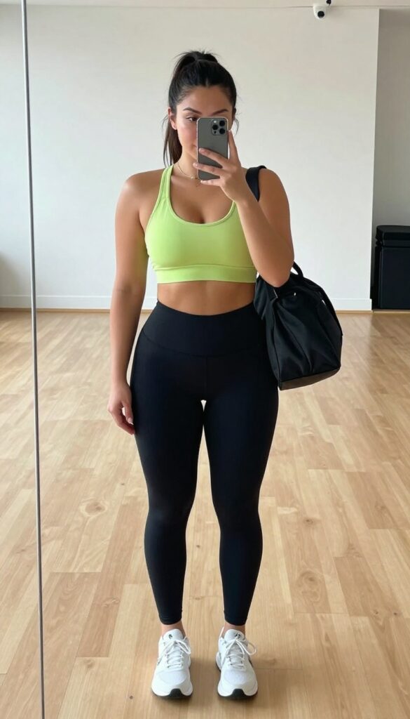 Plus-size woman in black compression leggings and mesh panel top taking a mirror selfie, showcasing a stylish workout outfit.