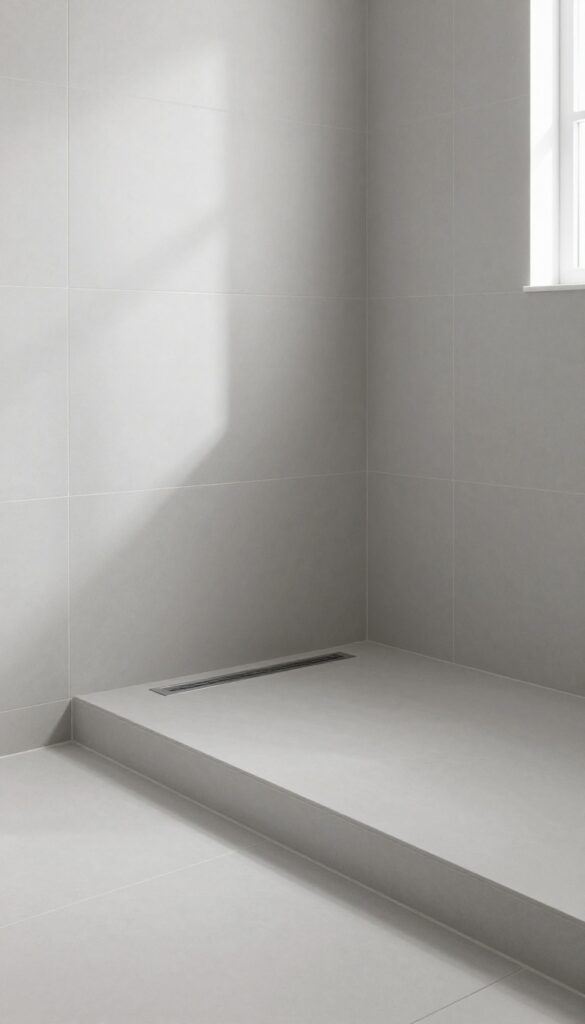 Modern bathroom shower with linear drain and seamless tile base