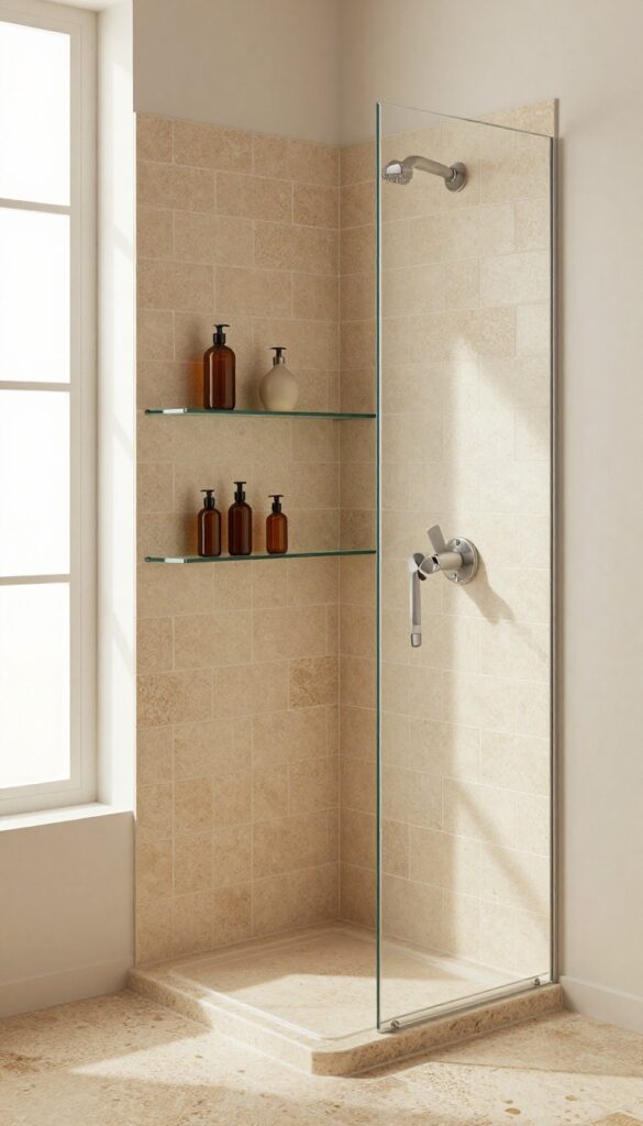 Corner shower niche with floating glass shelves and pebble floor