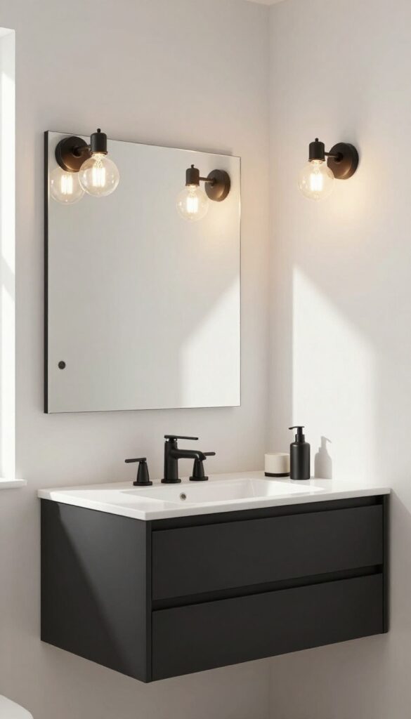A modern bathroom with black lighting fixtures, including matte black sconces beside a mirror and coordinating hardware, in bright natural light for a clean, industrial-inspired decor style.