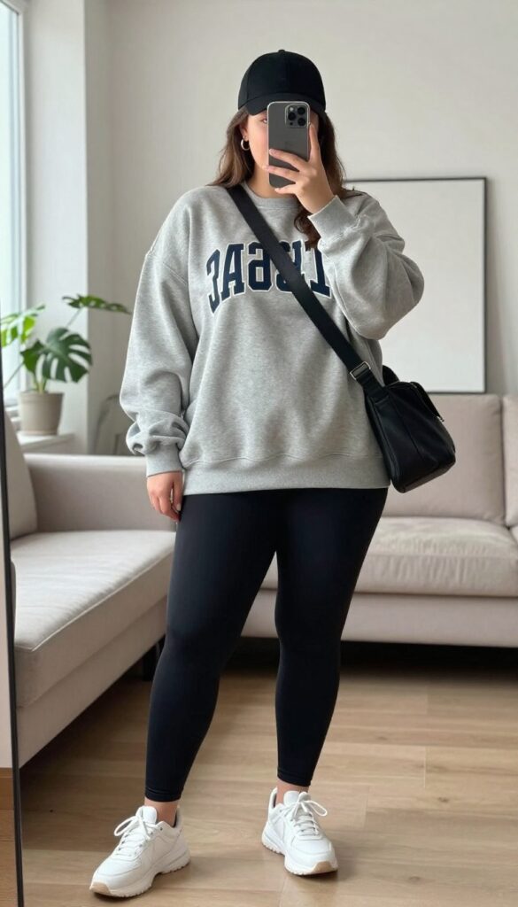 Plus-size woman in oversized graphic sweatshirt and black leggings taking a mirror selfie, wearing white sneakers and a black cap, with a crossbody bag, in a bright modern living room.