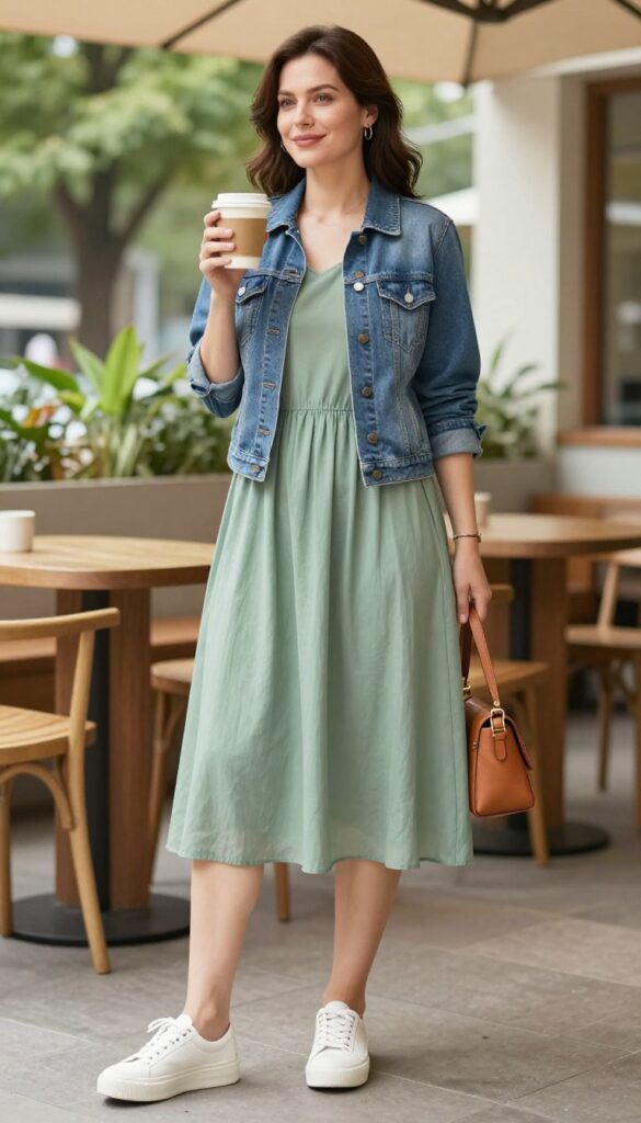 Midsize mom wearing a flowy midi dress with a denim jacket and white sneakers, holding a coffee cup in a sunny park setting.