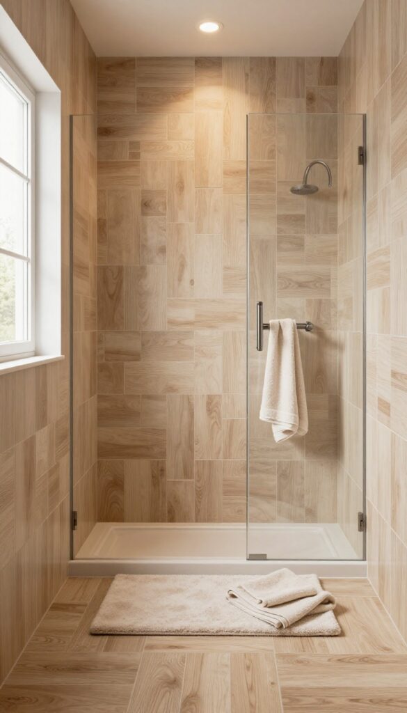 Basement shower with wood-look porcelain tiles in herringbone pattern under bright natural light, featuring cozy textures and spa-like decor.