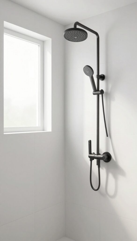 Bright neutral tile shower with large-format white tiles, minimal grout, brushed nickel and matte black fixtures, and a marble accent strip.