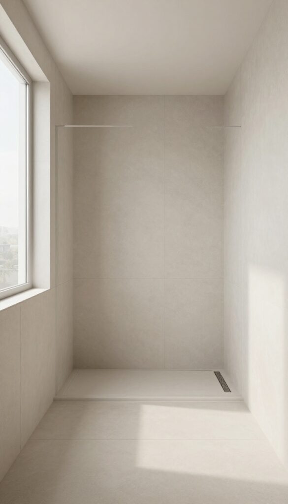 A small bathroom with a curbless walk-in shower design featuring seamless tile transitions and natural lighting.