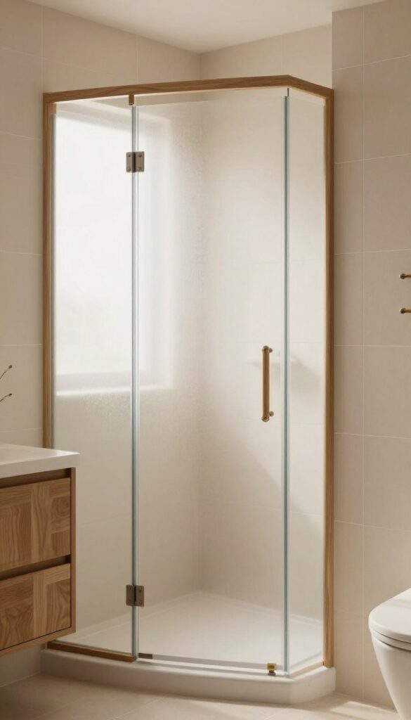 A bathroom with a frosted glass shower door accented by warm wood elements, showcasing a natural and stylish design for privacy and comfort.