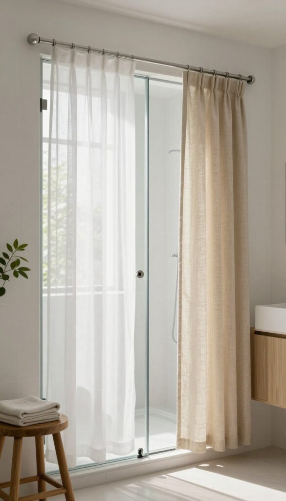 Double curtain rod on glass shower door with layered sheer and linen curtains for softness and privacy.