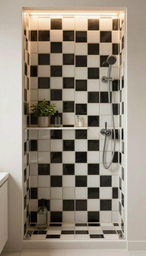 Checkerboard tile shower niche with warm LED lighting